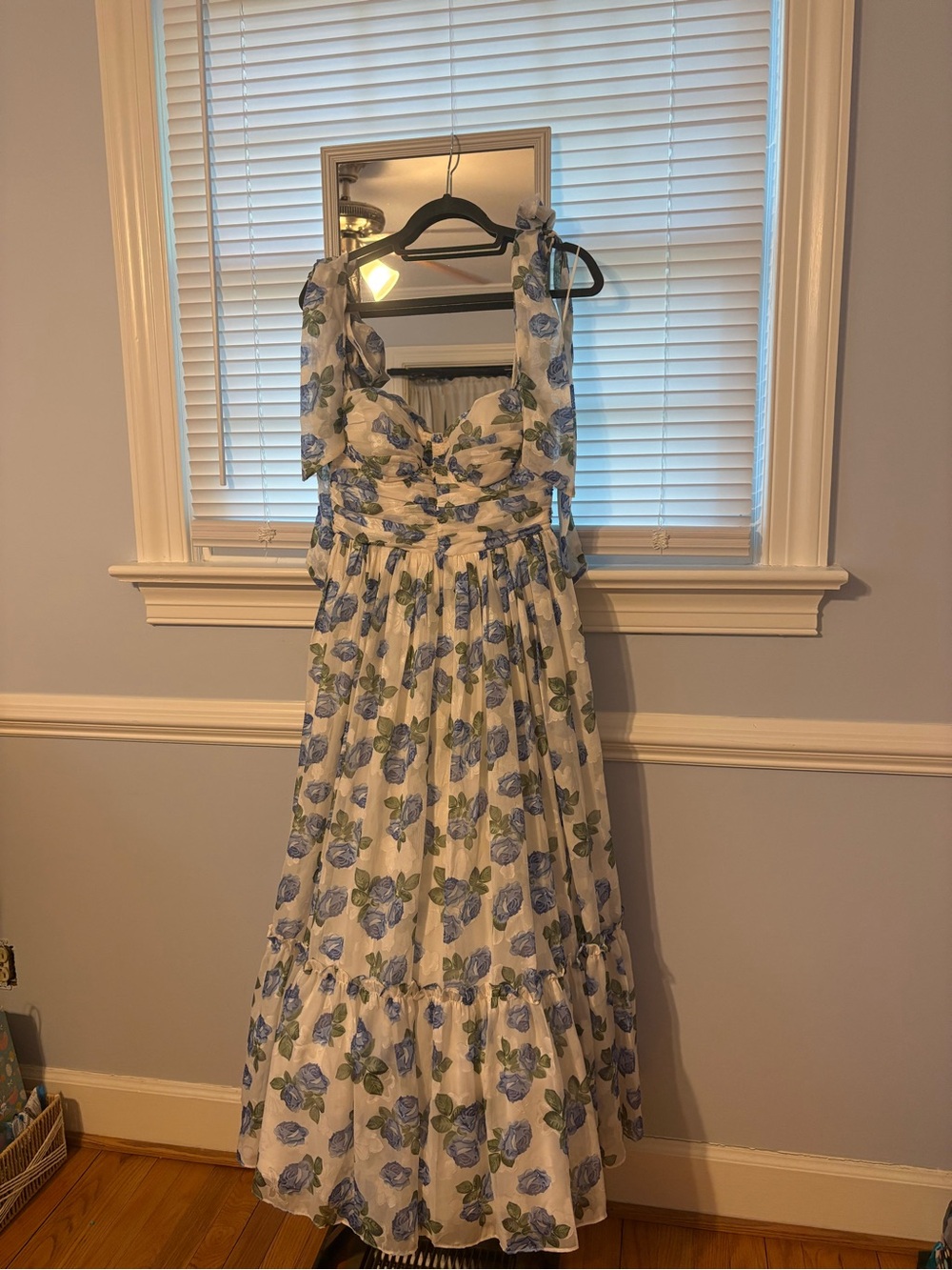 Floral Blue and Green Tie-Shoulder Prom Dress